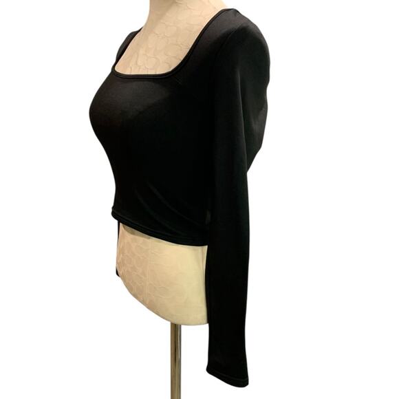 Size XS Black Scoop Neck Fitted Crop Long Sleeve Womens Shirt Fleecey Lining - Picture 3 of 6